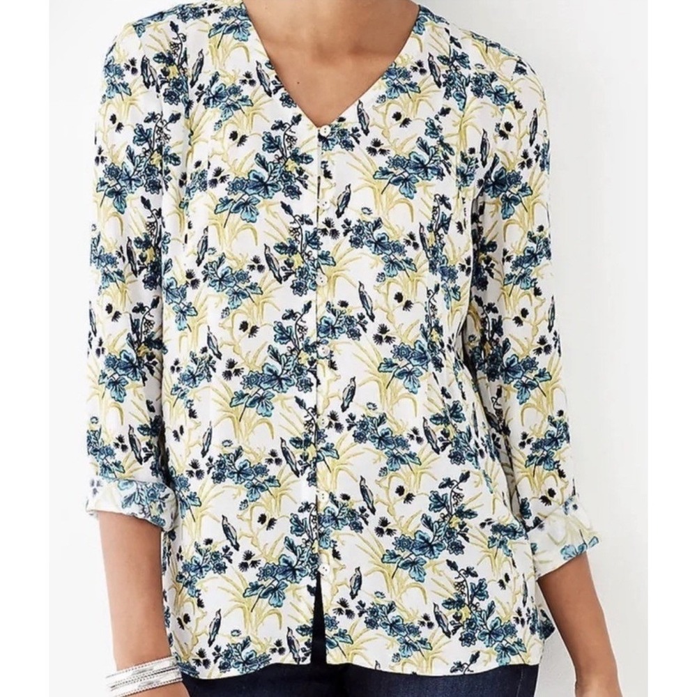 J Jill Women Floral Bird VNeck Long Sleeve Button Tunic Rayon Blouse Large‎